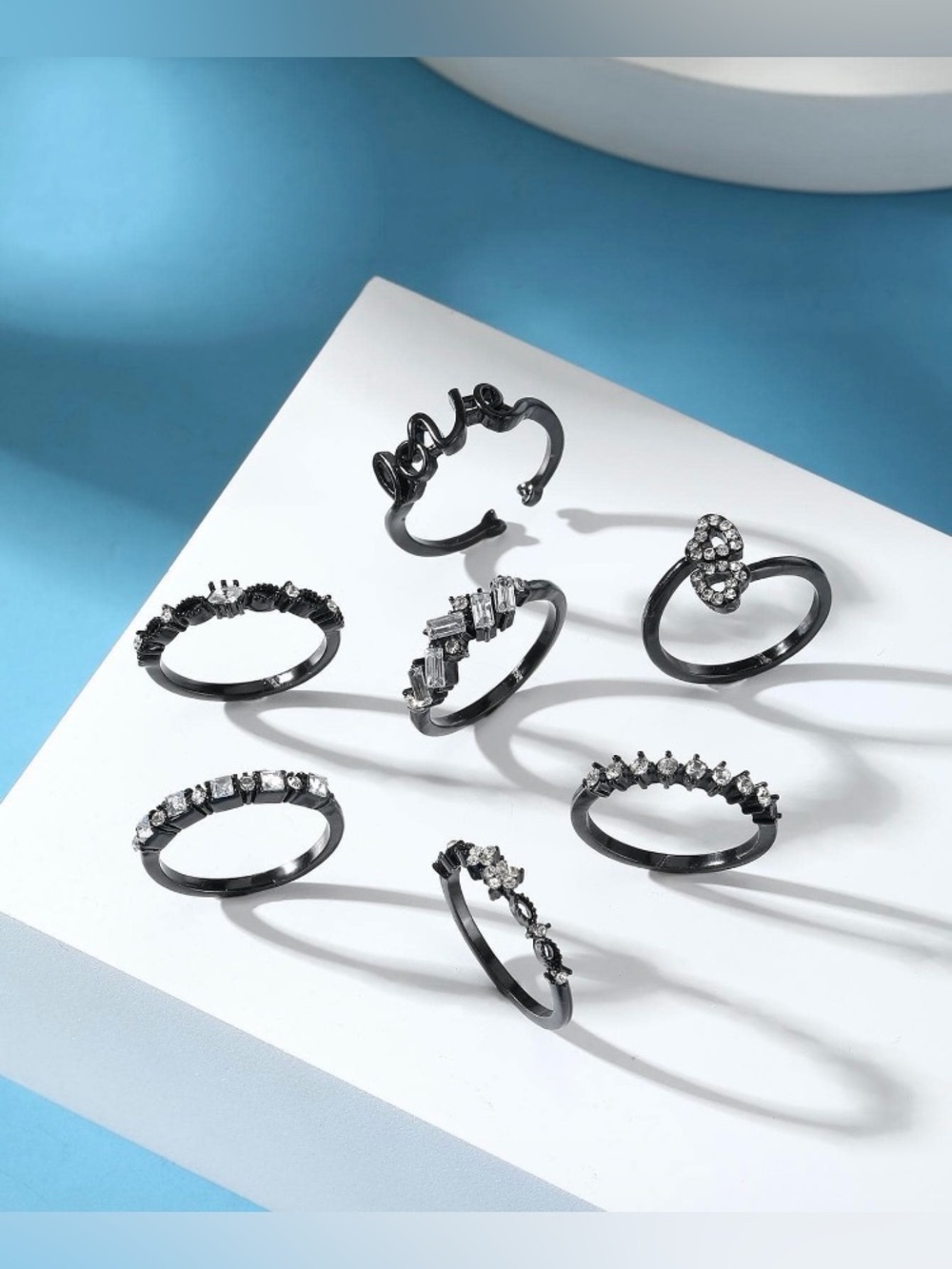 7pc Black Rhinestone Ring Set - Picture 4 of 9